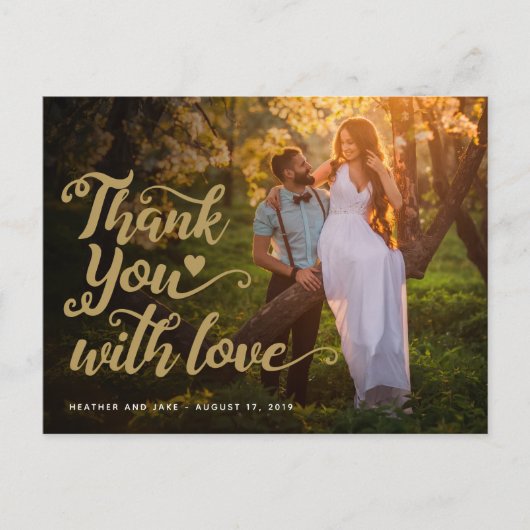 ウェディング サンクス | ゴールドスクリプト フォトオーバー ポストカード (正面)