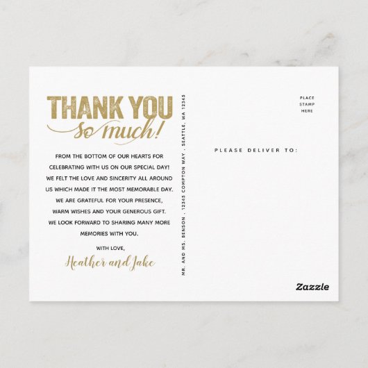 ウェディング サンクス | ゴールド ディストレスド タイプ オン フォト ポストカード (裏面)