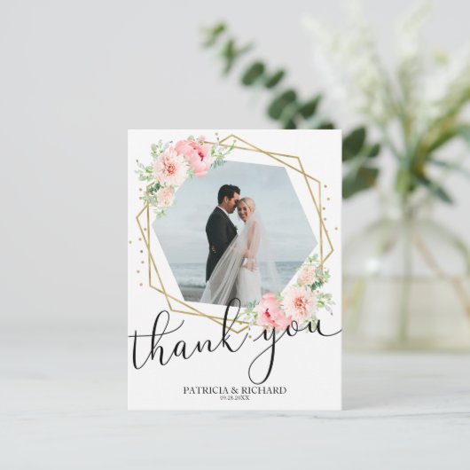 ウェディング サンクス ユー ブラッシュ フラワーズ ゴールド フォイル ジオメトリック ポストカード (スタンド正面)