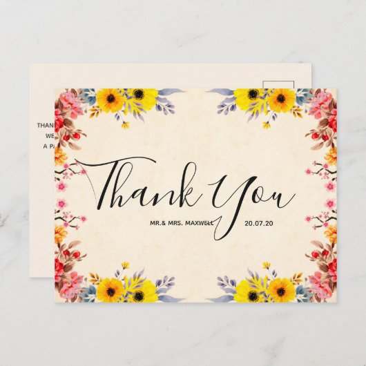 ウェディング サンクス ロマンティック フラワースクリプト ポストカード (正面/裏面)