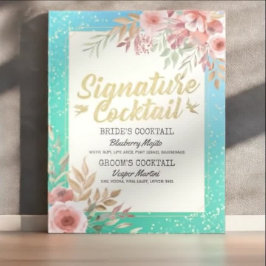ウェディング シグネチャー カクテル ドリンク メニュー ピンク フラワール ポスター