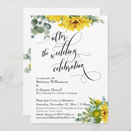 ウェディング・セレブレーションの後のヒマワリとユーカリ 招待状 (正面/裏面)