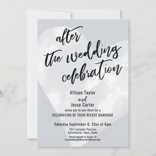 ウェディング・セレブレーションの後 グレーの上に白いハート 招待状 (正面)