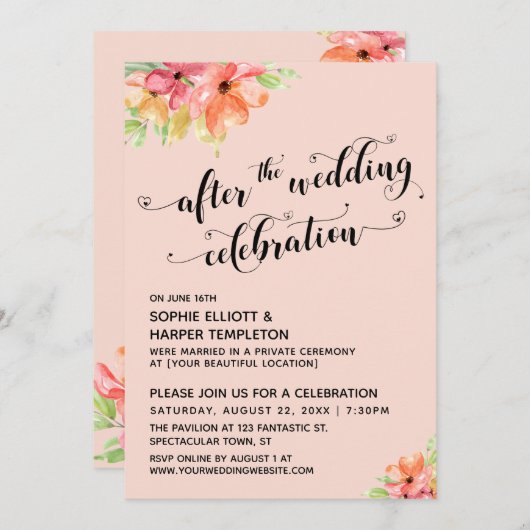 ウェディング・セレブレーション・スクリプト・ブラッシュ・フローラル 招待状 (正面/裏面)
