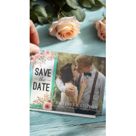 ウェディング セーブ・ザ・デート フォト フラワール ティール ゴールド ドット 案内ポストカード