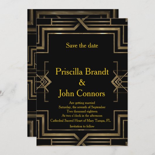 ウェディング セーブ・ザ・デート ブラック&ゴールド グレートギャツビー 招待状 (正面/裏面)