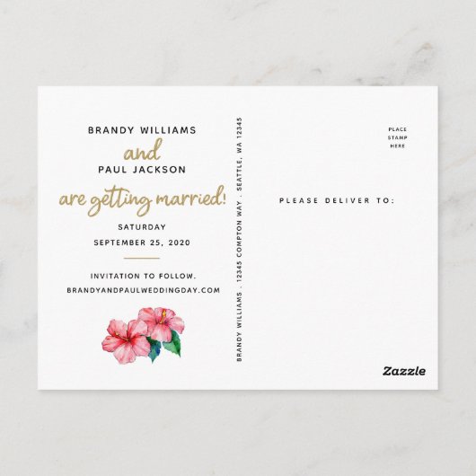 ウェディング・セーブ・ザ・デート | 熱帯の境界線の写真 ポストカード (裏面)