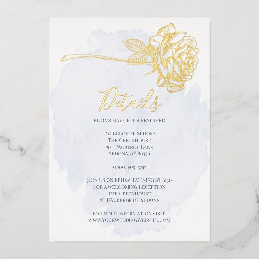 ウェディング  | ダスティーブルーの上にゴールドで装飾されたバラ 箔招待状 (正面)