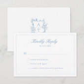ウェディング ダスティーブルー スクリプト クレスト モノグラム RSVP カード (正面/裏面)