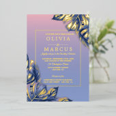 ウェディング | ダスティ ローズ ダスティ ブルー 熱帯の葉 箔招待状 (立ち正面)