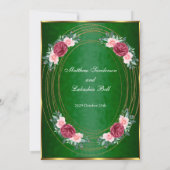 ウェディング ダークグリーン ゴールド ピンク レッド フラワーズ クラシック 招待状 (裏面)