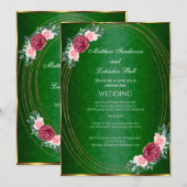 ウェディング ダークグリーン ゴールド ピンク レッド フラワーズ クラシック 招待状 (正面/裏面)
