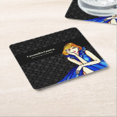 ウェディング ダークロイヤルブルー コンセプトのブラック ダマスク柄ドレス スクエアペーパーコースター (アングル)