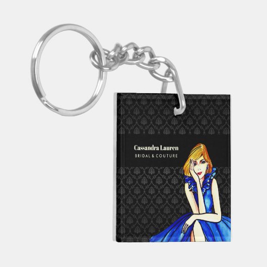 ウェディング ダークロイヤルブルー コンセプトドレス 黒 ダマスク キーホルダー (正面左)