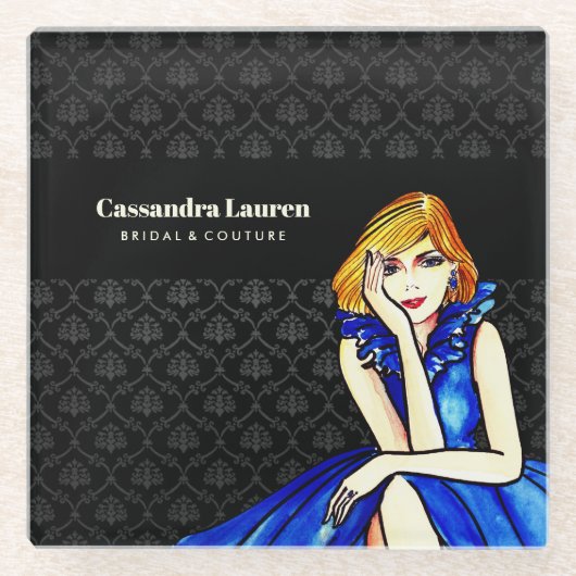 ウェディング ダーク ロイヤル ブルー コンセプト ドレス 黒 ダマスク ガラスコースター (正面)