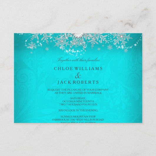 ウェディング ティール クリスタル パール スノーフレーク シルバー ウィンター 出欠カード (正面)
