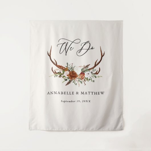 ウェディング テラコッタ ラスティック スタッグ フローラル パーティー デコレーション タペストリー (正面)