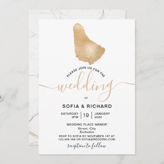 ウェディング デスティネーション バルバドス トロピカル ゴールド マップ 招待状 (正面/裏面)