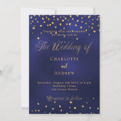 ウェディング ネイビーブルー ゴールド ハート エレガント スクリプト 招待状 (正面)