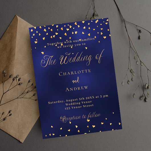 ウェディング ネイビーブルー ゴールド ハート エレガント スクリプト 招待状