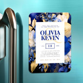 ウェディング ネイビーブルー & ゴールド フラワー ウォーターカラー マグネット