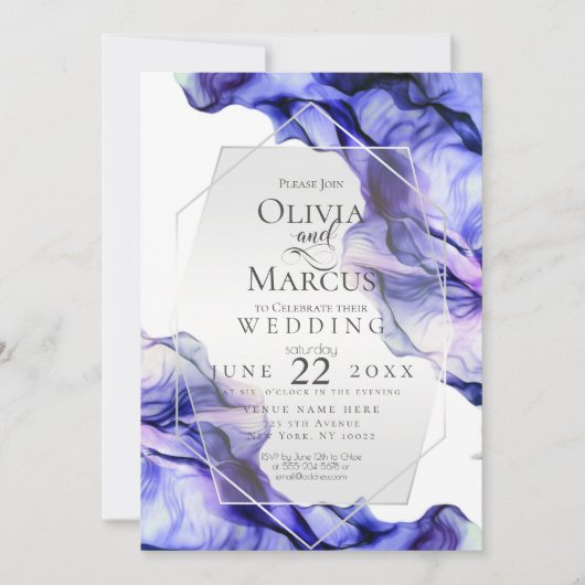 ウェディング | ネイビー鮮やかインディゴ抽象芸術インク 招待状 (正面)