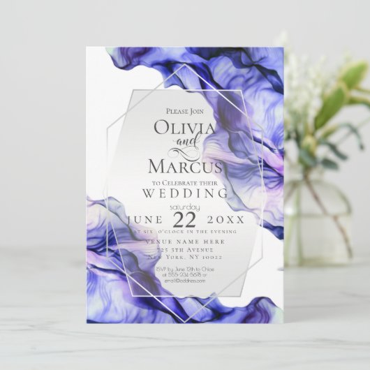ウェディング | ネイビー鮮やかインディゴ抽象芸術インク 招待状 (スタンド正面)