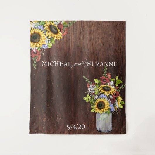 ウェディング バックドロップ ひまわり メイソンジャー ワインレッド タペストリー (正面)