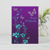 ウェディング |パープルティール（緑がかった色）シルバー、フローラ |蝶 招待状 (スタンド正面)