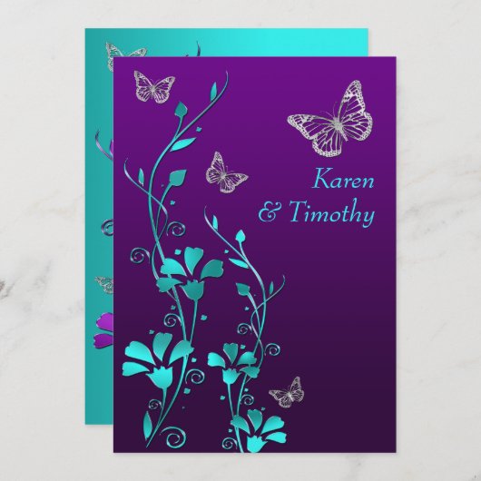 ウェディング |パープルティール(緑がかった色)シルバー、フローラ |蝶 招待状 (正面/裏面)