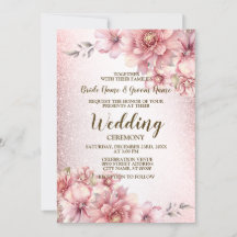 ウェディング ピンク ウォーターカラー フラワー シャイニー グリッター