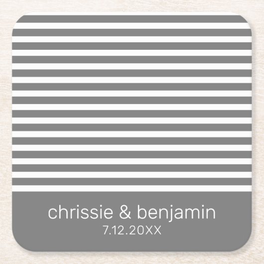 ウェディング ファブー ブライド グルーム 日付 ストライプ グレー ホワイト スクエアペーパーコースター (正面)