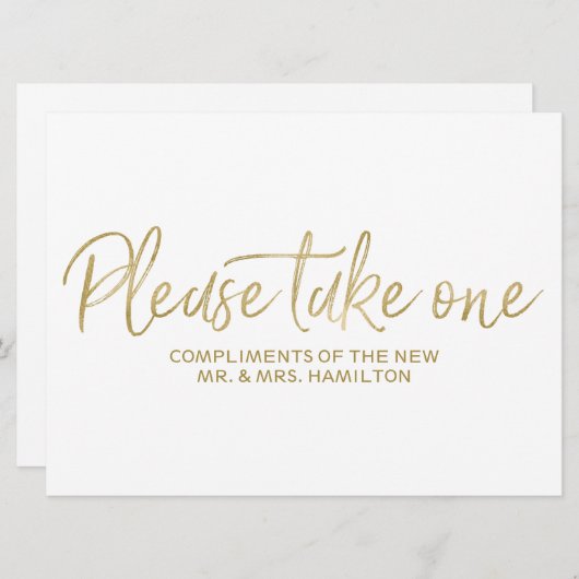 ウェディング・フェイバーズ・サイン おしゃれなゴールド 「1つお持ちください」 (正面/裏面)