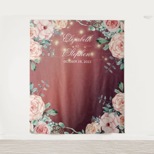 ウェディング フォトブース バックドロップ 花のストリングライト タペストリー (正面)