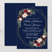 ウェディング フラワー ブルー バーガンディー ジオメトリック ゴールド フレーム 招待状 (正面/裏面)