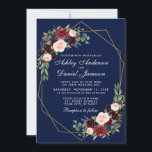 ウェディング フラワー ブルー バーガンディー ジオメトリック ゴールド フレーム 招待状<br><div class="desc">モダン ウォーターカラー フラワー バーガンディー ブルー ゴールド ジオメトリック フレーム ウェディング インビテーション - ブルー バック</div>