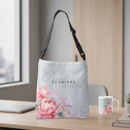 ウェディング・ブライズメイド | ピンクの芍薬とセージグリーン クロスボディバッグ
