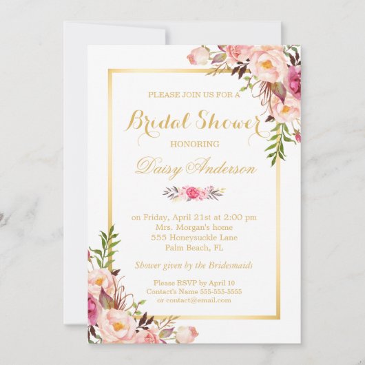ウェディング ブライダルシャワー おしゃれ フラワー ゴールドフレーム 招待状 (正面)