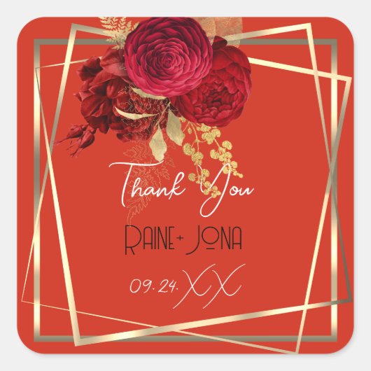 ウェディング ブライダルシャワー フェイバー 赤 花 モチーフ ゴールドフレーム スクエアシール (正面)