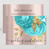 ウェディング ブライダル ロイヤルブルー アクア ゴールド ローズ 招待状 (正面/裏面)