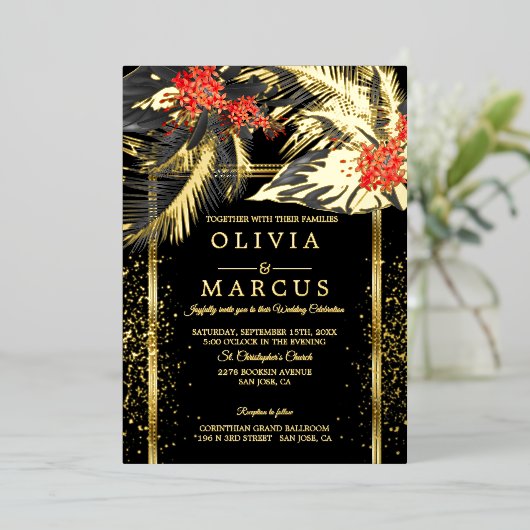 ウェディング | ブラックトロピカルシダ クレムソン プルメリア 箔招待状 (立ち正面)