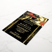 ウェディング | ブラックトロピカルシダ クレムソン プルメリア 箔招待状 (回転した状態)