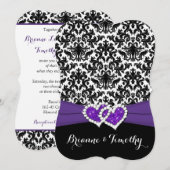 ウェディング | ブラック ホワイト パープル | ダマスク | ハート 招待状 (正面/裏面)
