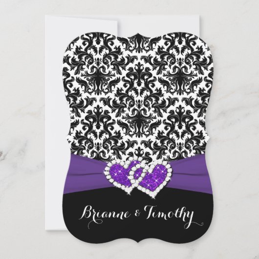ウェディング | ブラック ホワイト パープル | ダマスク | ハート 招待状 (正面)