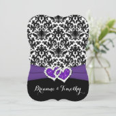 ウェディング | ブラック ホワイト パープル | ダマスク | ハート 招待状 (スタンド正面)