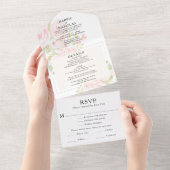 ウェディング ブラッシュ ダスティ ピンク ローズ フローラル ウォーターカラー オールインワン招待状 (貼ってはがせる)