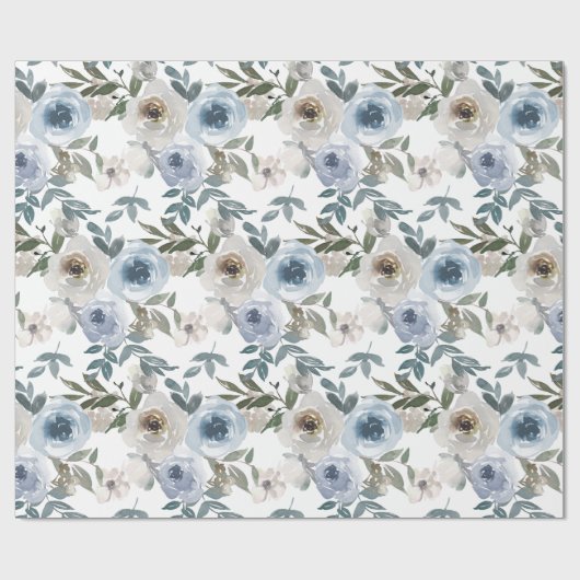 ウェディング ブルーとホワイトの水彩ローズ ラッピングペーパー (フラット)