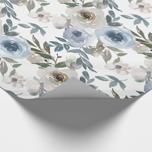 ウェディング ブルーとホワイトの水彩ローズ ラッピングペーパー (コーナー)