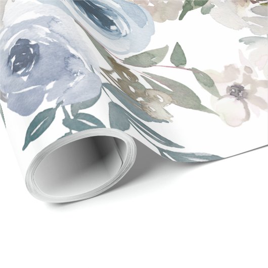 ウェディング ブルーとホワイトの水彩ローズ ラッピングペーパー (ロールコーナー)