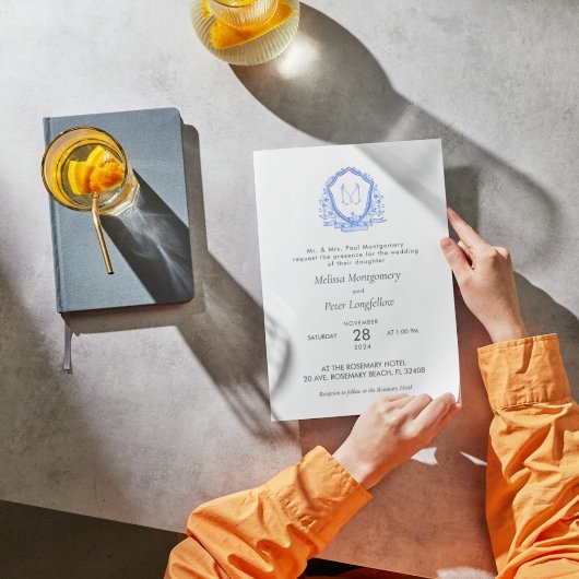 ウェディング ブルー フラワー クレスト カリグラフィー モノグラム 招待状